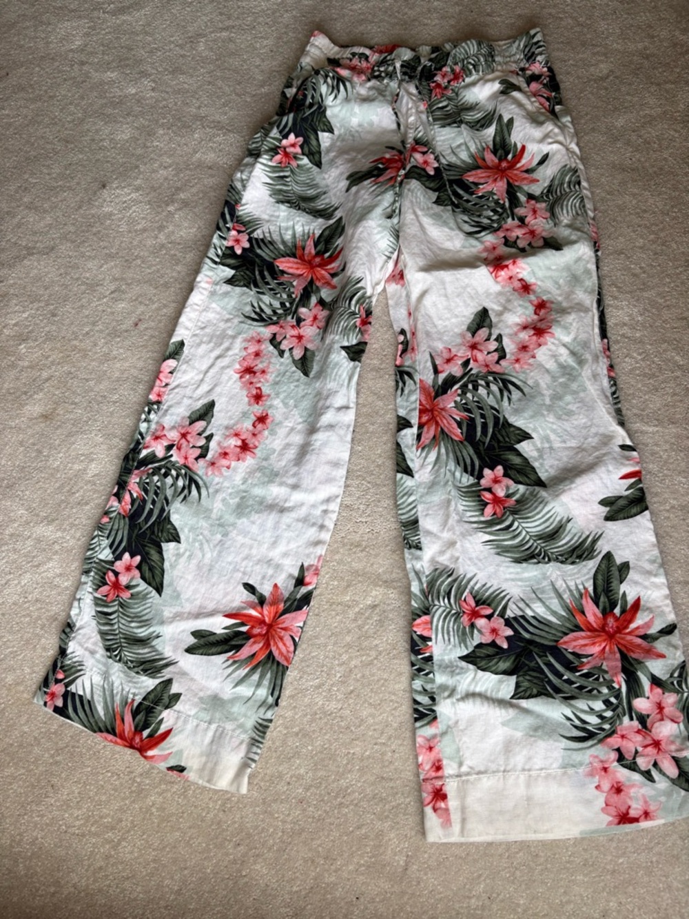 Tommy Bahama White Linen Tropical Floral Pants with Pink & Green Accents